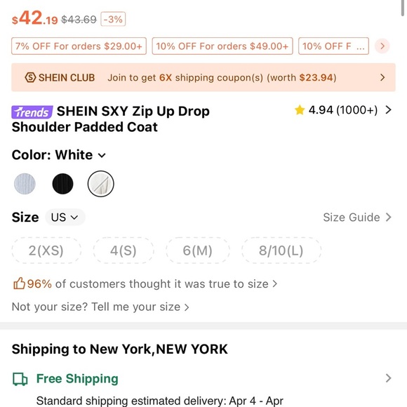 Shein Women's White Lightweight Puffer Jacket size small - Picture 5 of 5